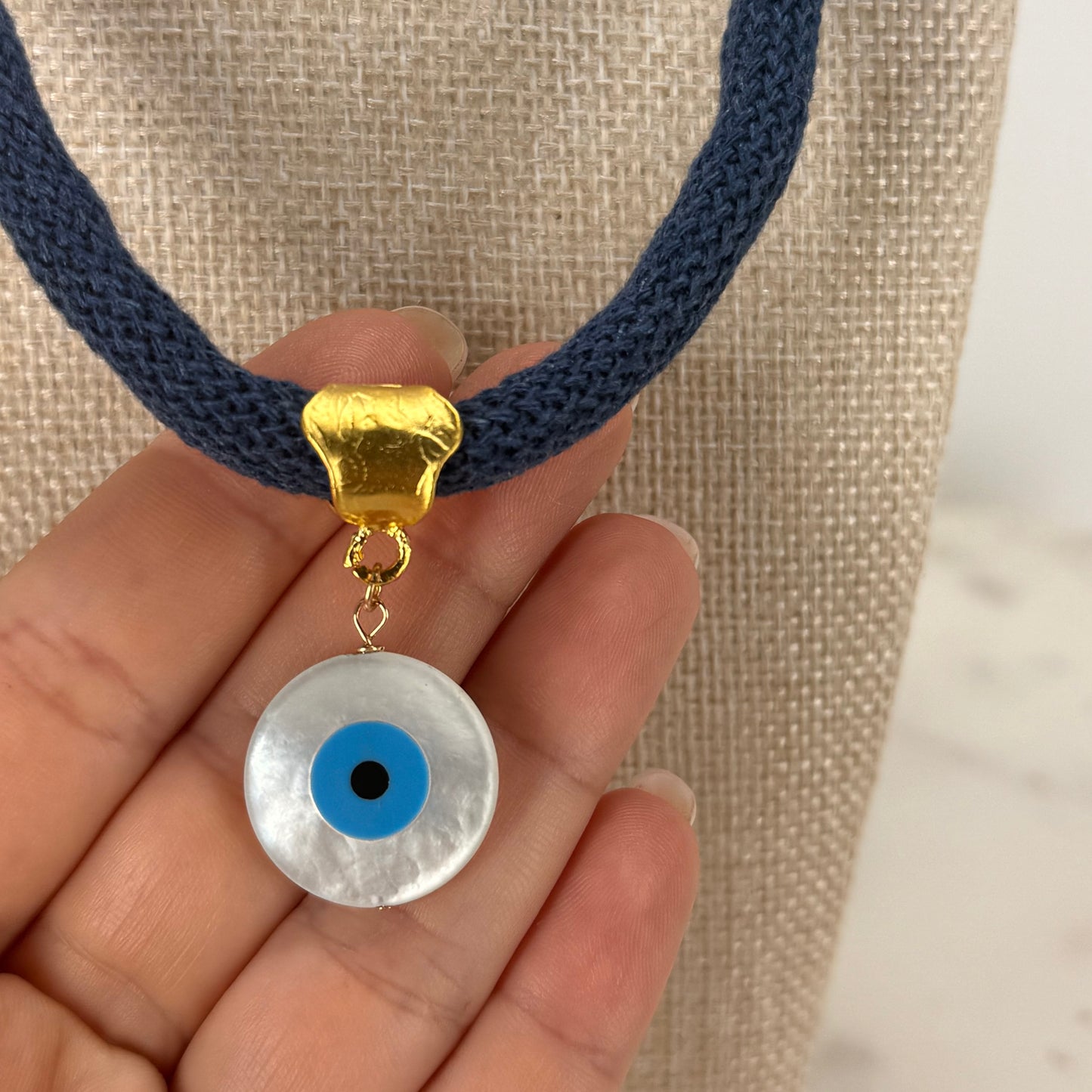 Evil Eye Navy Cord Necklace – Handmade Protection Jewelry