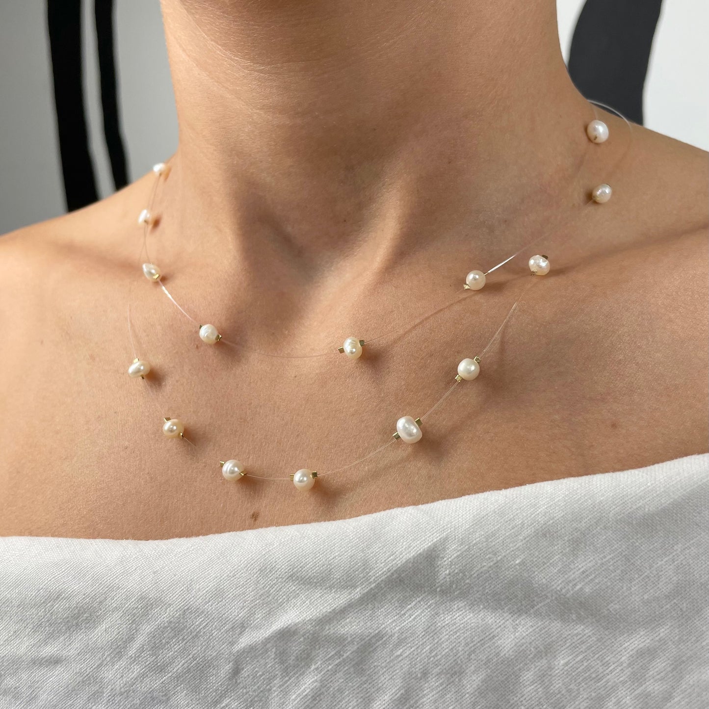 Floating Freshwater Pearl Necklace Delicate Illusion Jewelry for Brides Minimalist Layering Necklace Handmade Gift for Her Wedding Style