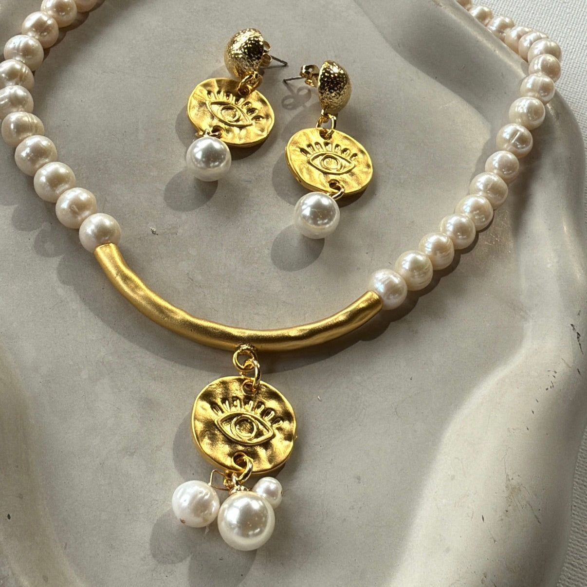 Evil Eye Pearl Set · Necklace & Earrings with Gold Medallion