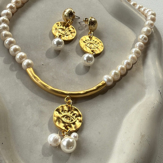 Evil Eye Pearl Set · Necklace & Earrings with Gold Medallion