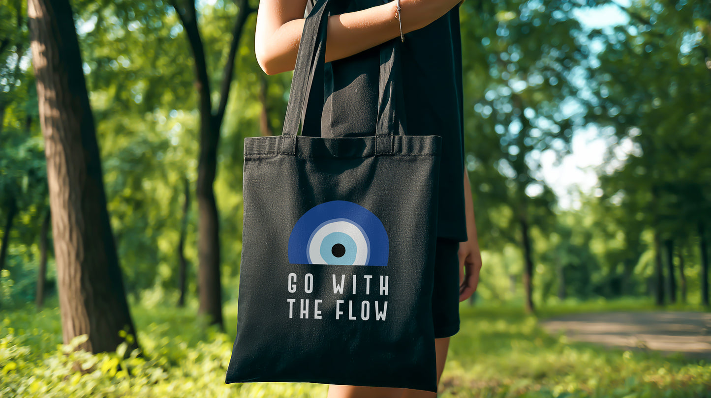 Go With The Flow Black Evil Eye Tote Bag – Reusable Canvas Everyday Tote