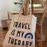 Travel Is My Therapy Tote Bag – Canvas Travel Quote Tote for Wanderlust Lovers