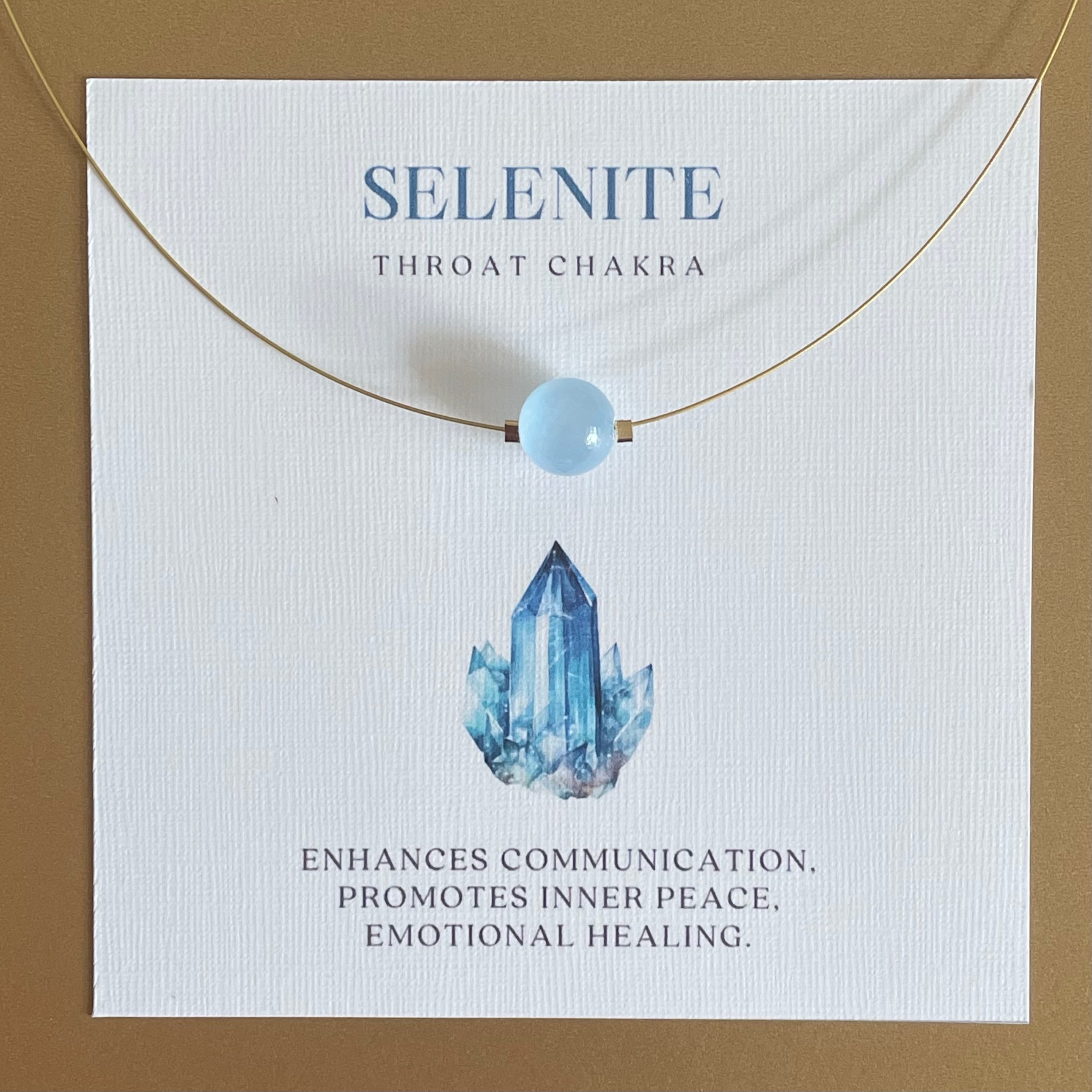 Throat Chakra Gold Necklace with Selenite