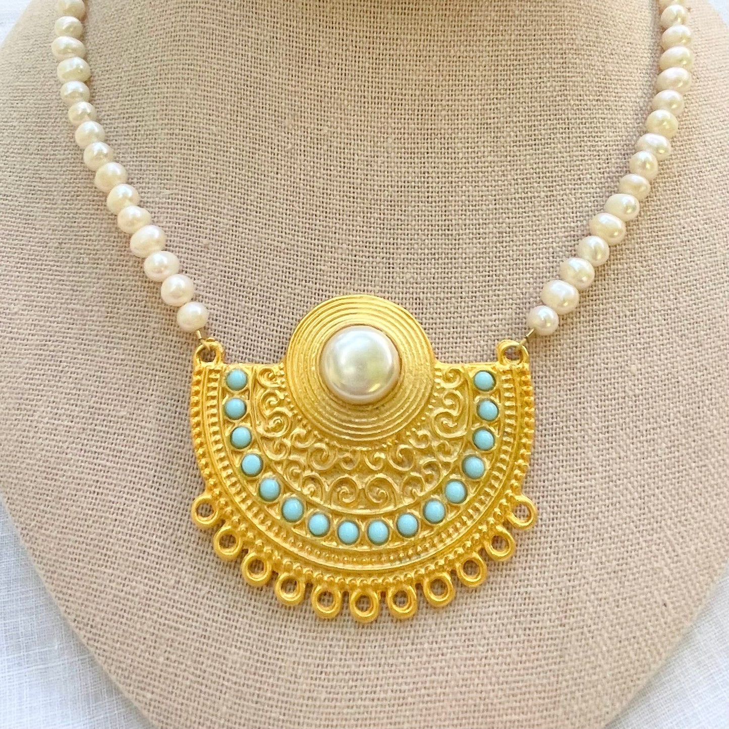 Gold Tribal Pendant with Pearl and Turquoise