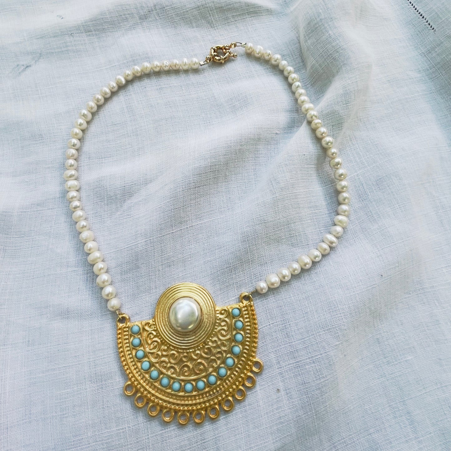 Gold Tribal Pendant with Pearl and Turquoise