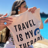 Travel Is My Therapy Tote Bag – Canvas Travel Quote Tote for Wanderlust Lovers
