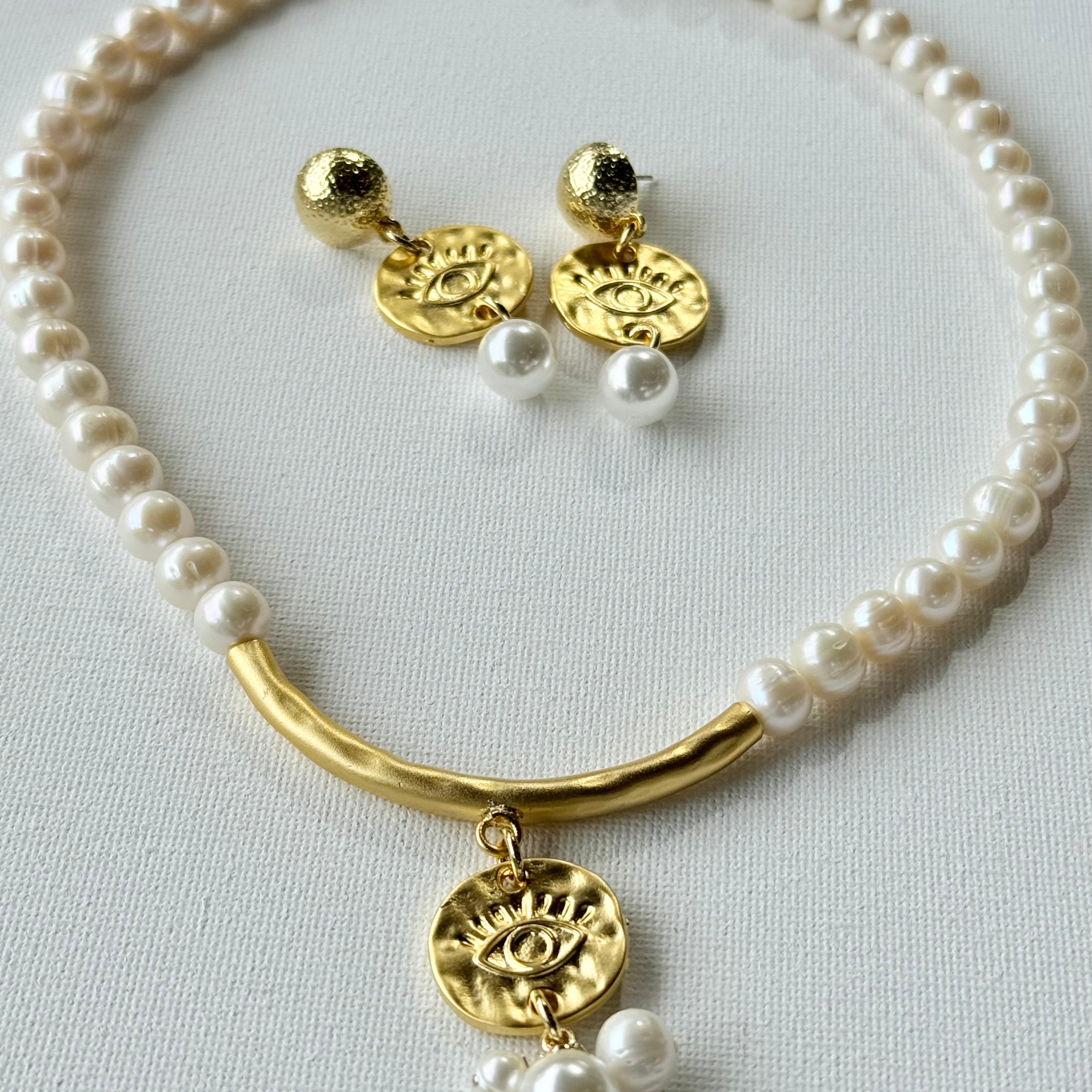 Evil Eye Pearl Set · Necklace & Earrings with Gold Medallion