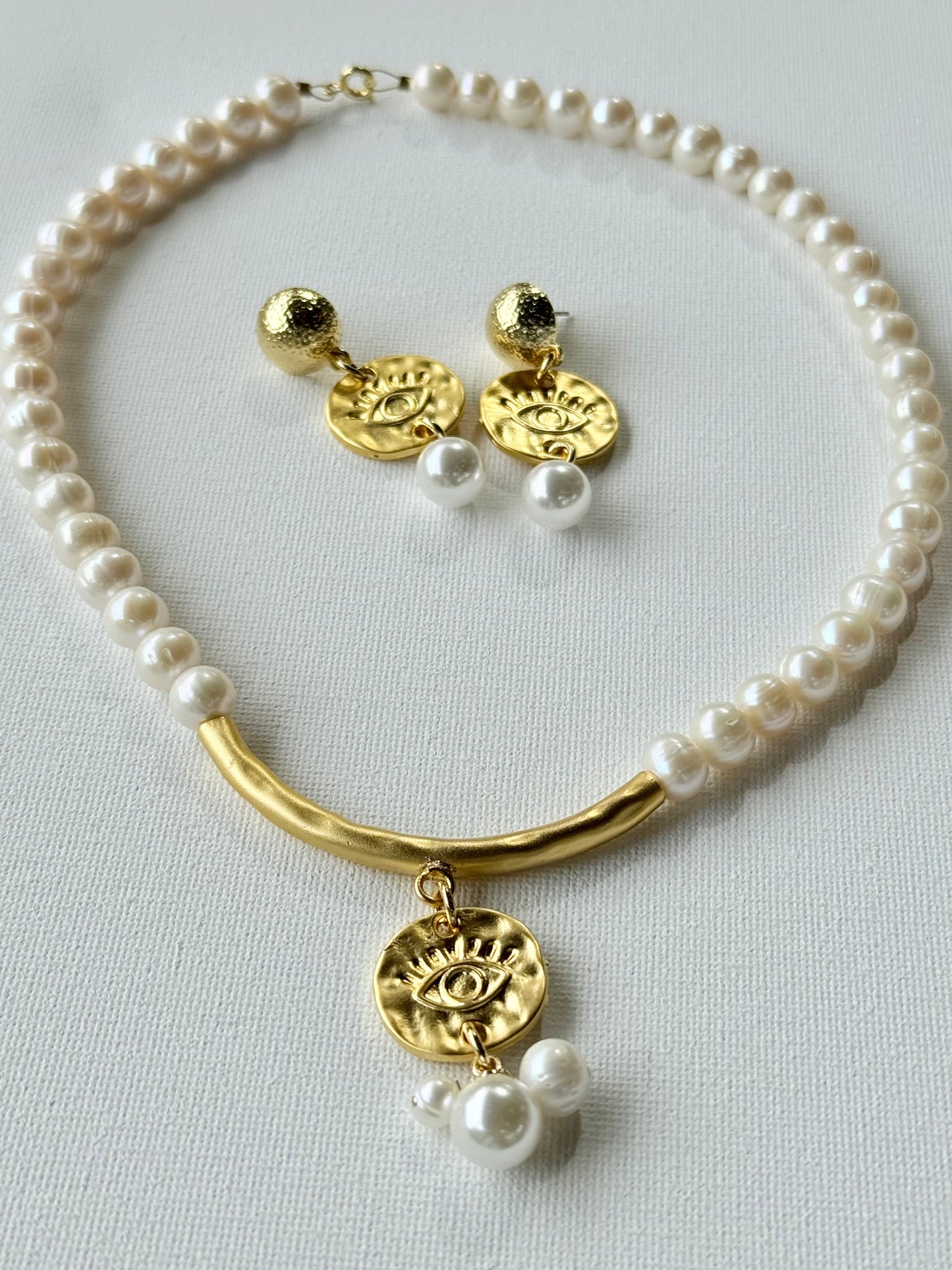 Evil Eye Pearl Set · Necklace & Earrings with Gold Medallion