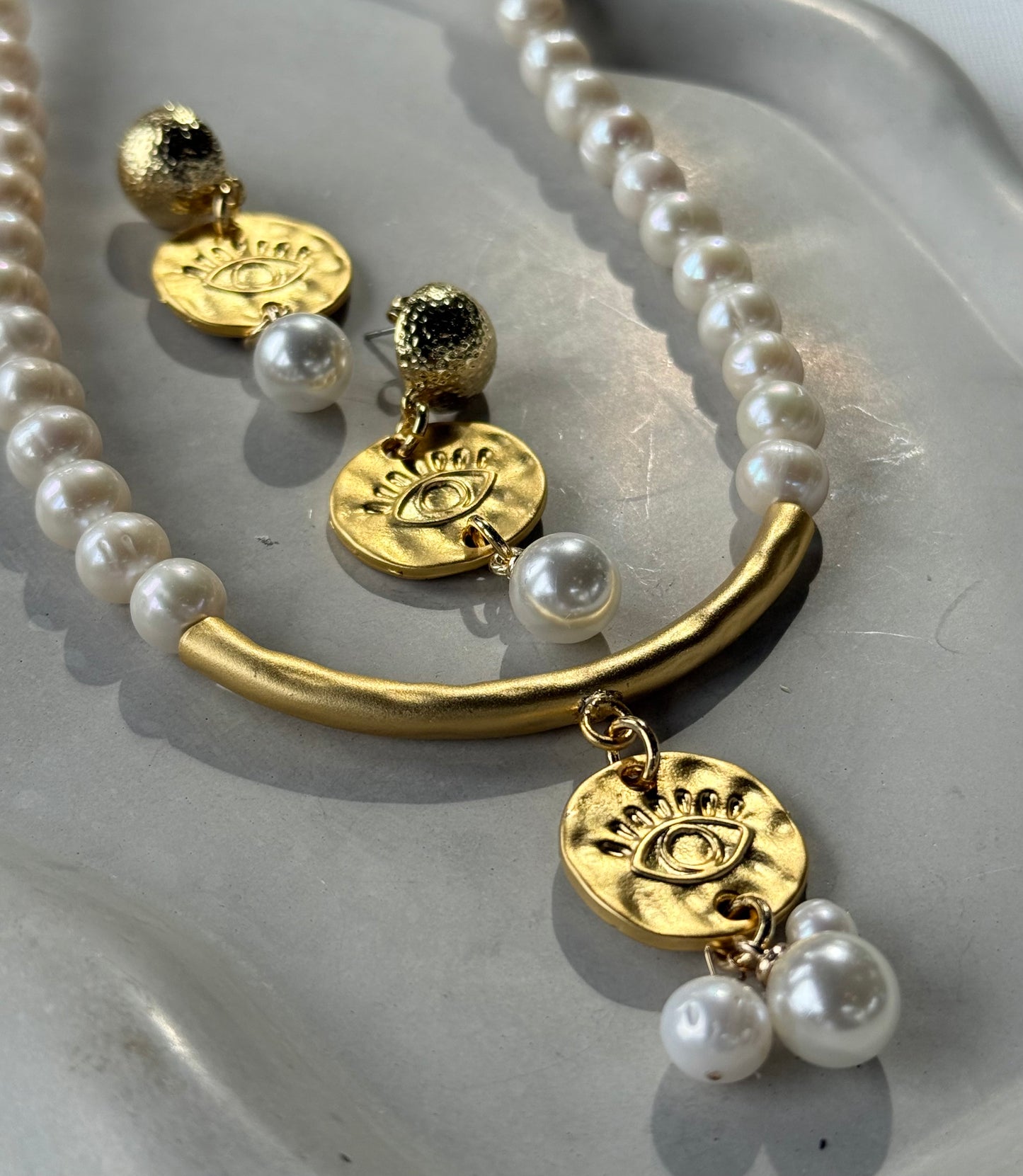 Evil Eye Pearl Set · Necklace & Earrings with Gold Medallion