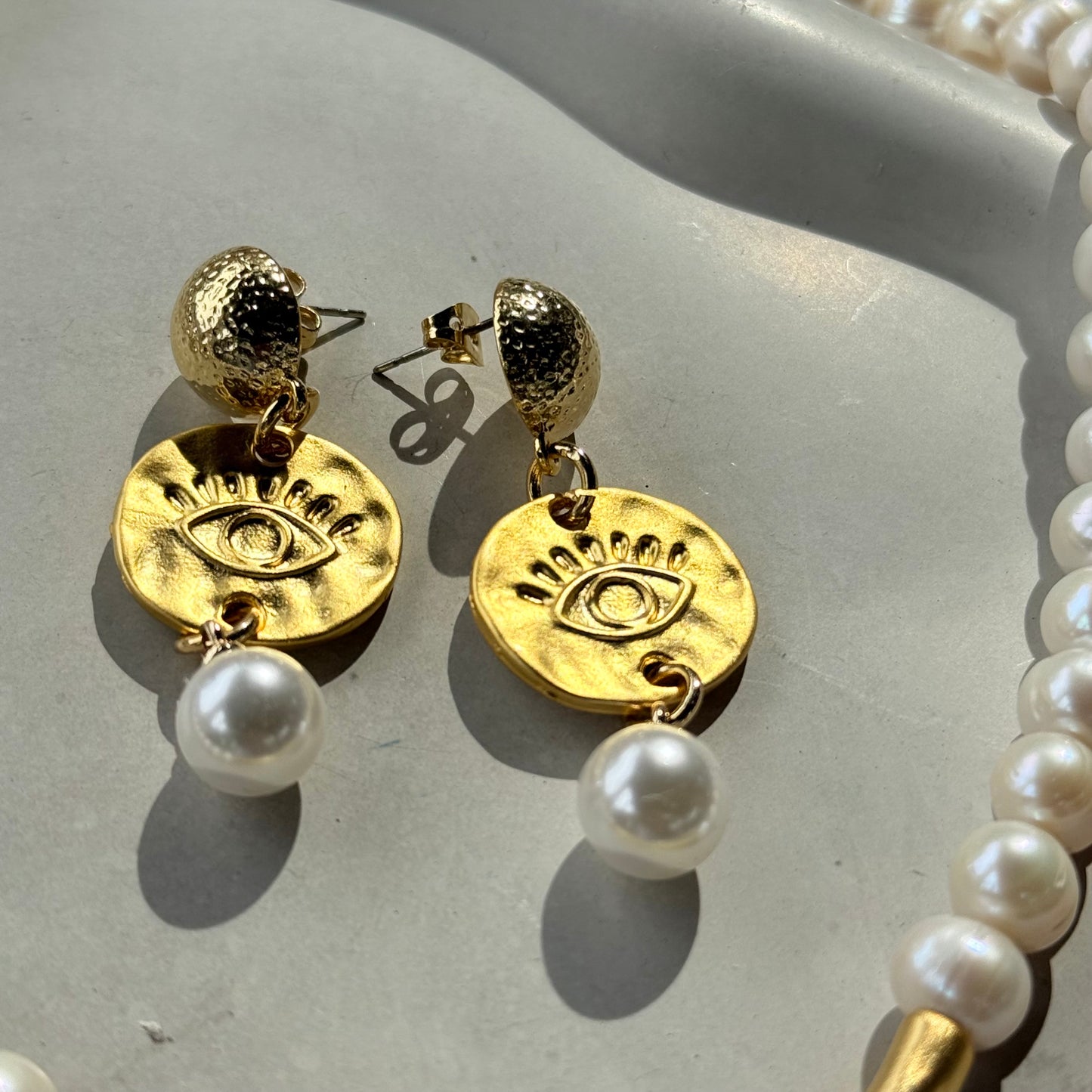 Evil Eye Pearl Set · Necklace & Earrings with Gold Medallion
