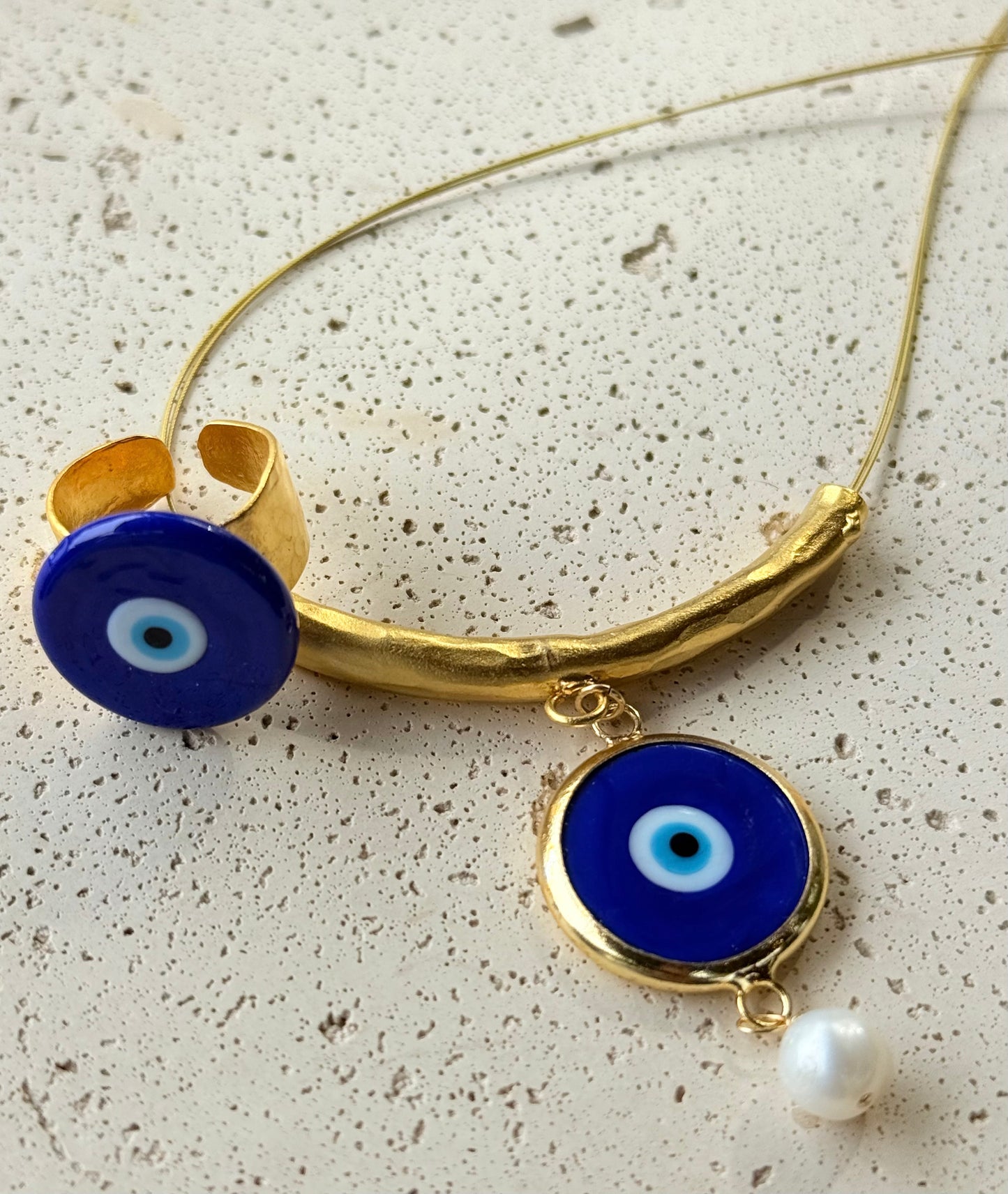 Blue Evil Eye Jewelry Set · Necklace, Ring & Pearl Charm