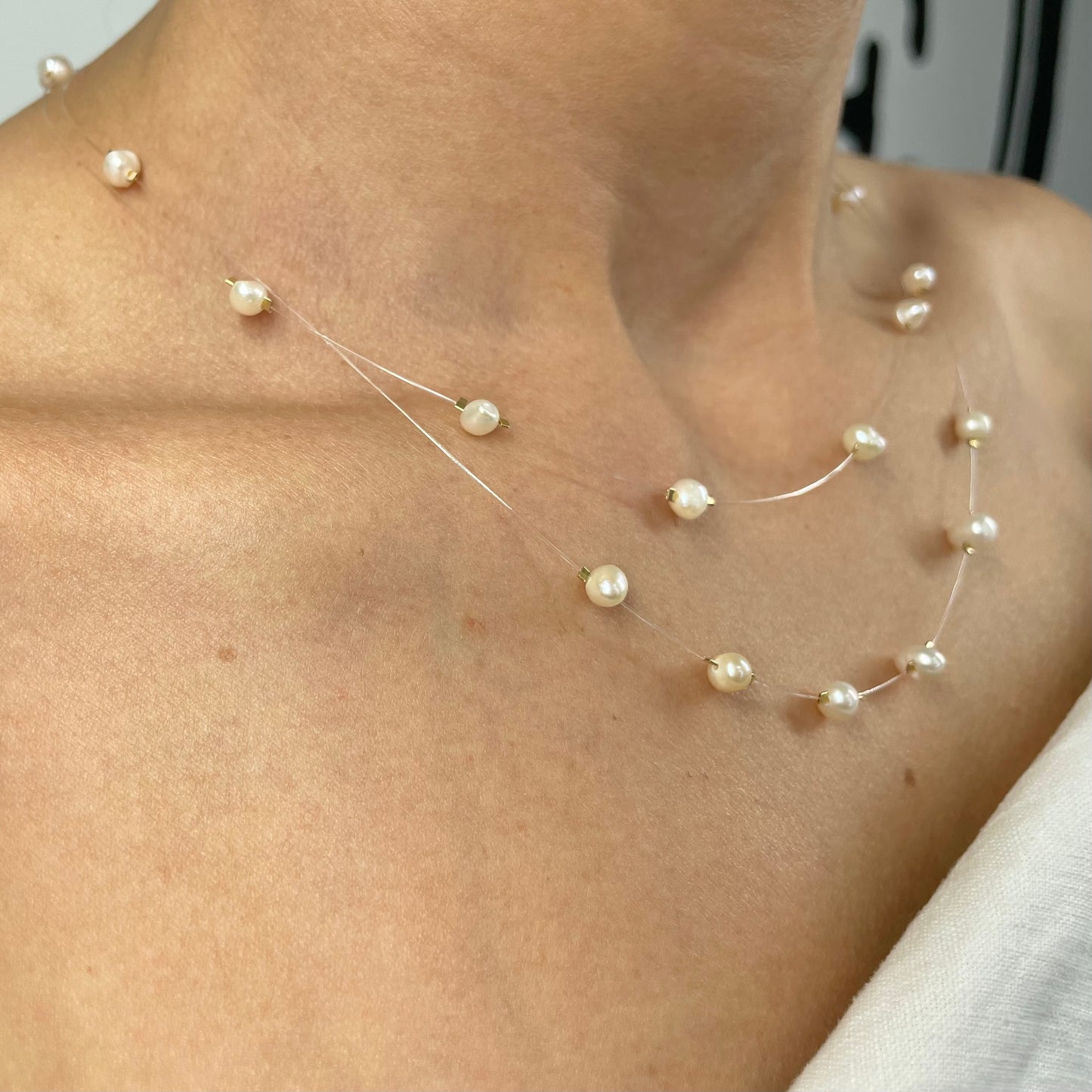 Floating Freshwater Pearl Necklace Delicate Illusion Jewelry for Brides Minimalist Layering Necklace Handmade Gift for Her Wedding Style