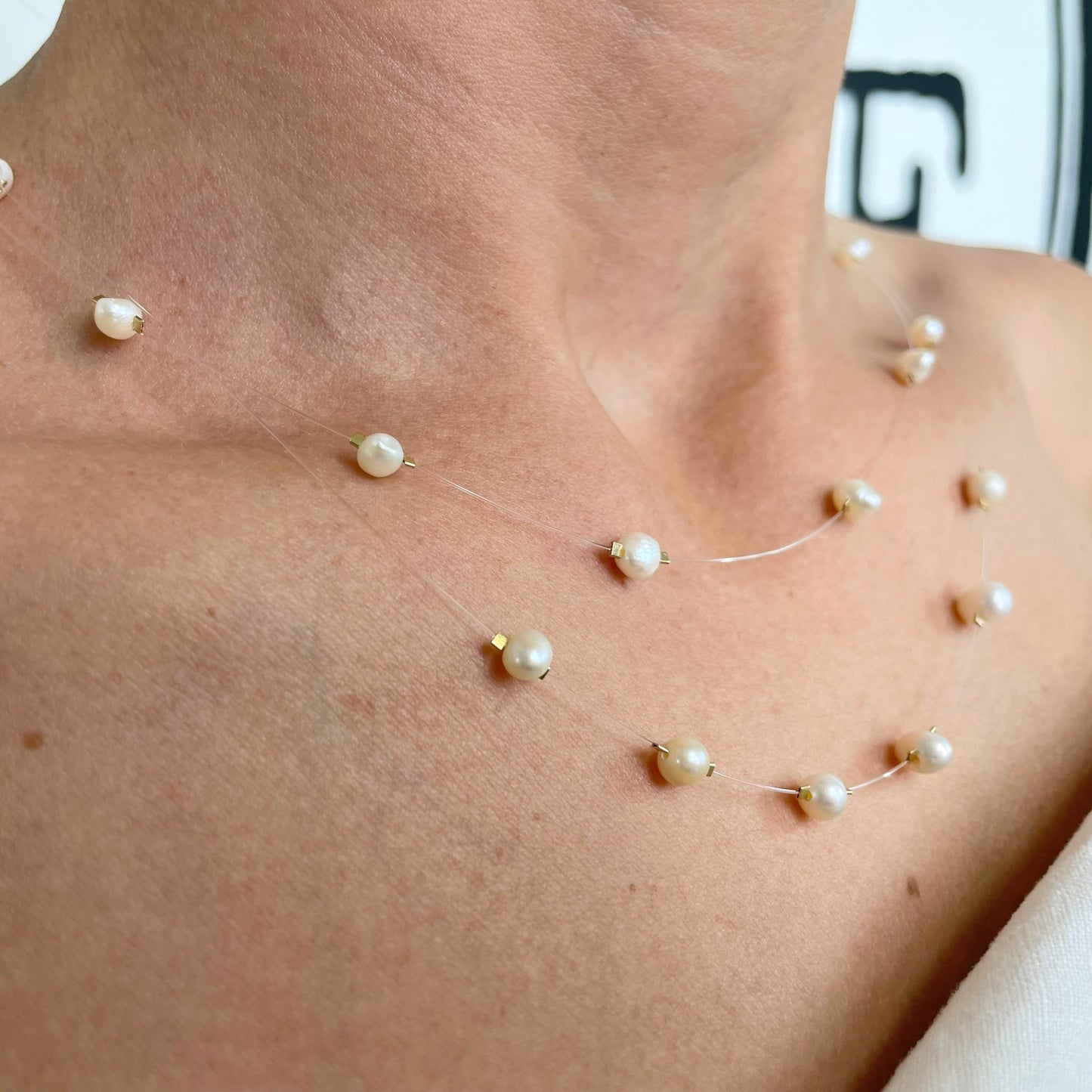 Floating Freshwater Pearl Necklace Delicate Illusion Jewelry for Brides Minimalist Layering Necklace Handmade Gift for Her Wedding Style
