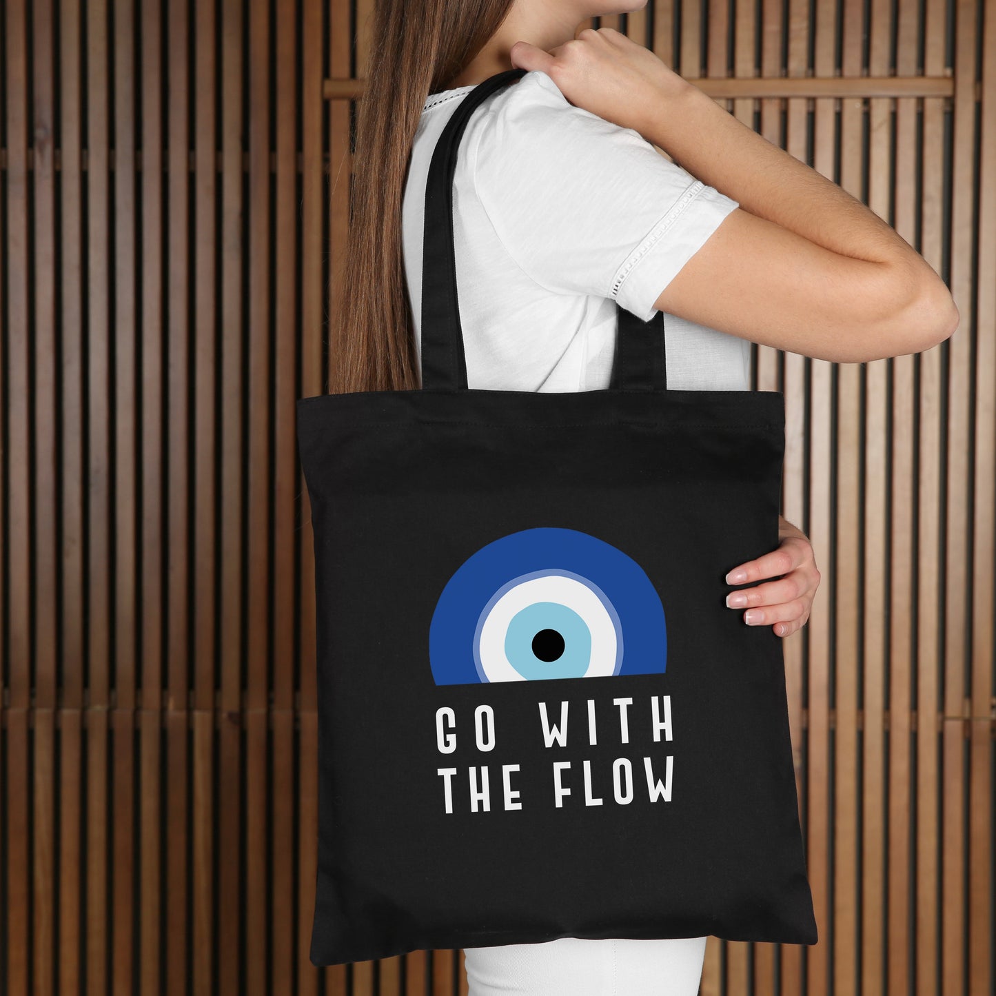 Go With The Flow Black Evil Eye Tote Bag – Reusable Canvas Everyday Tote