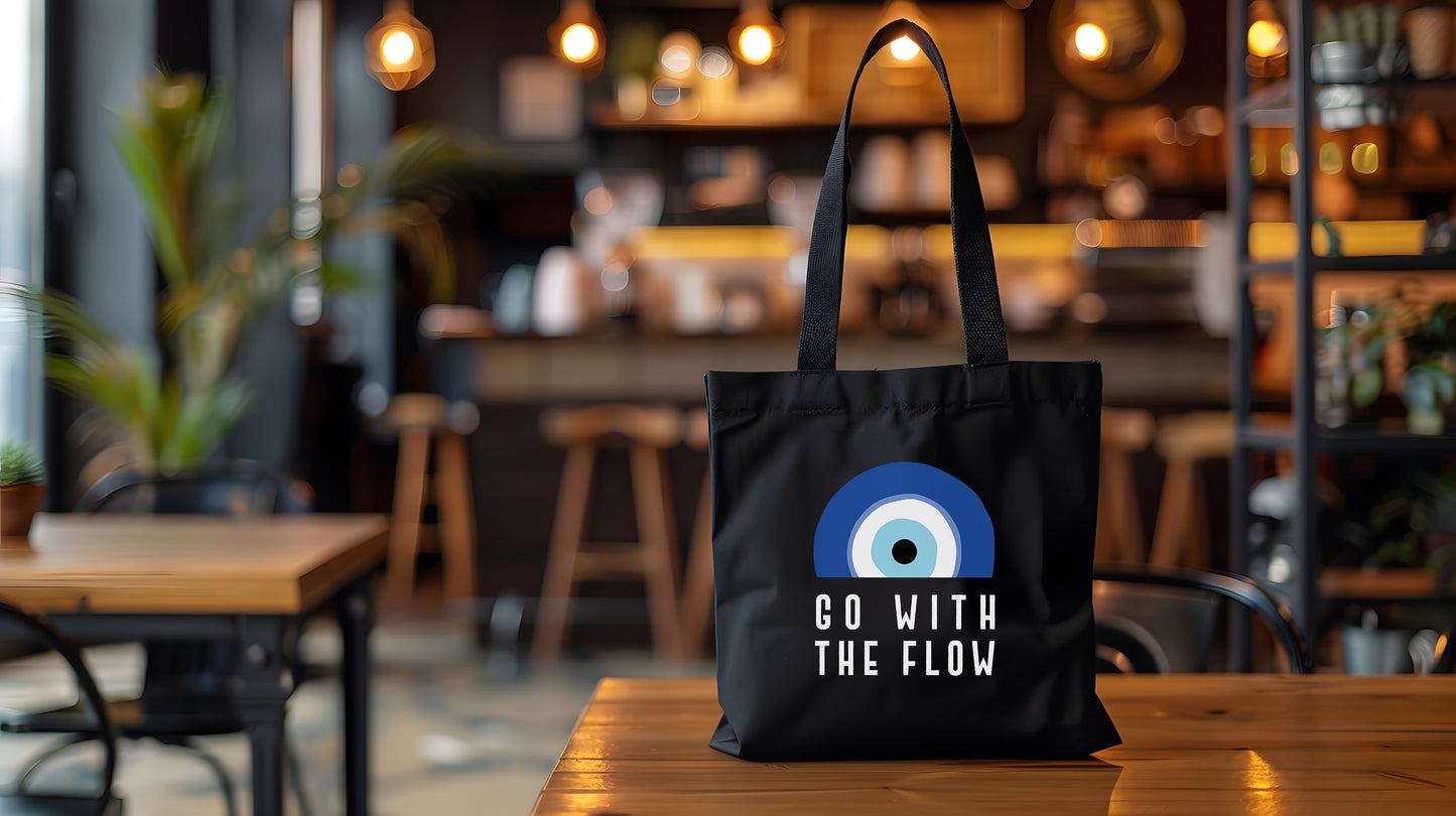 Go With The Flow Black Evil Eye Tote Bag – Reusable Canvas Everyday Tote