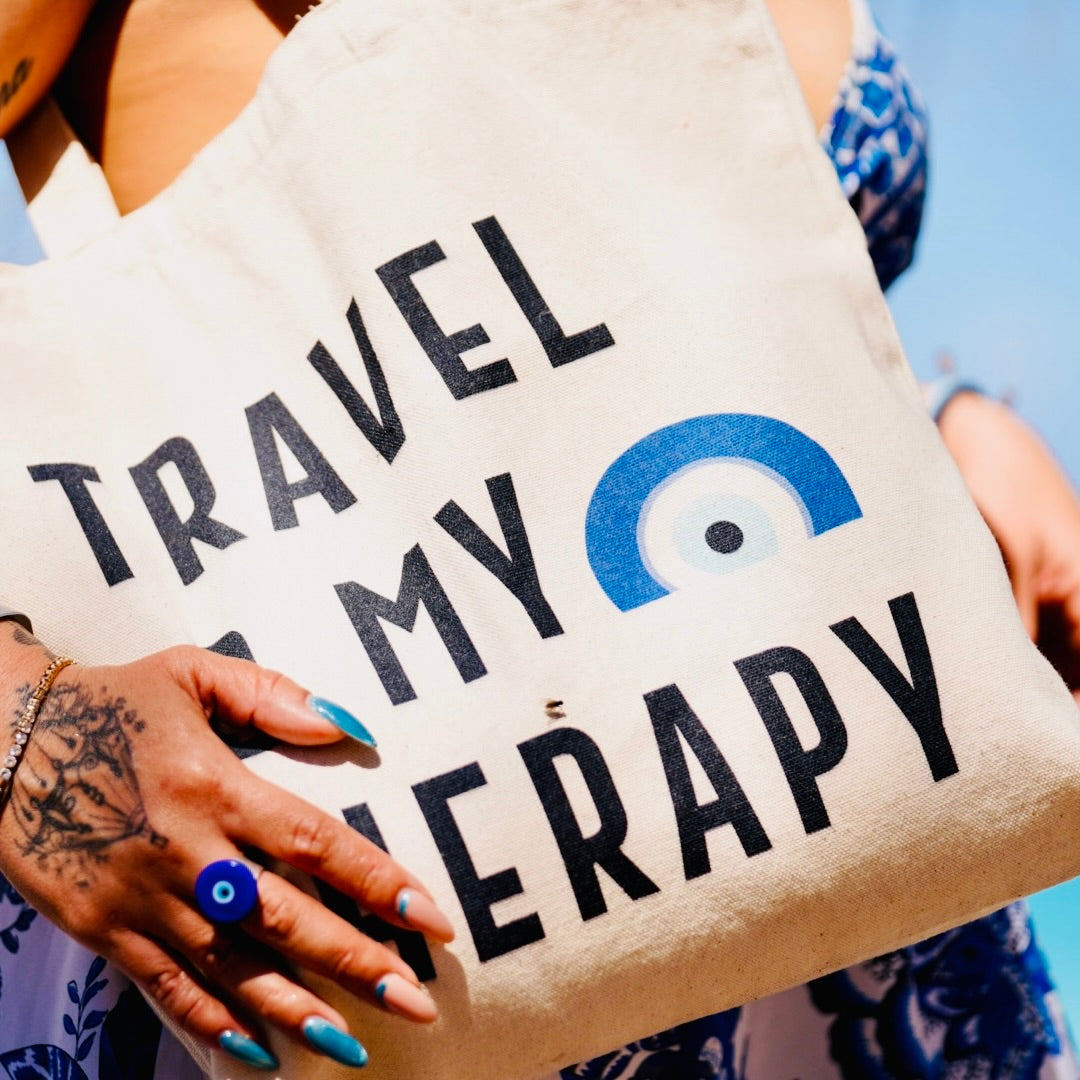 Travel Is My Therapy Tote Bag – Canvas Travel Quote Tote for Wanderlust Lovers