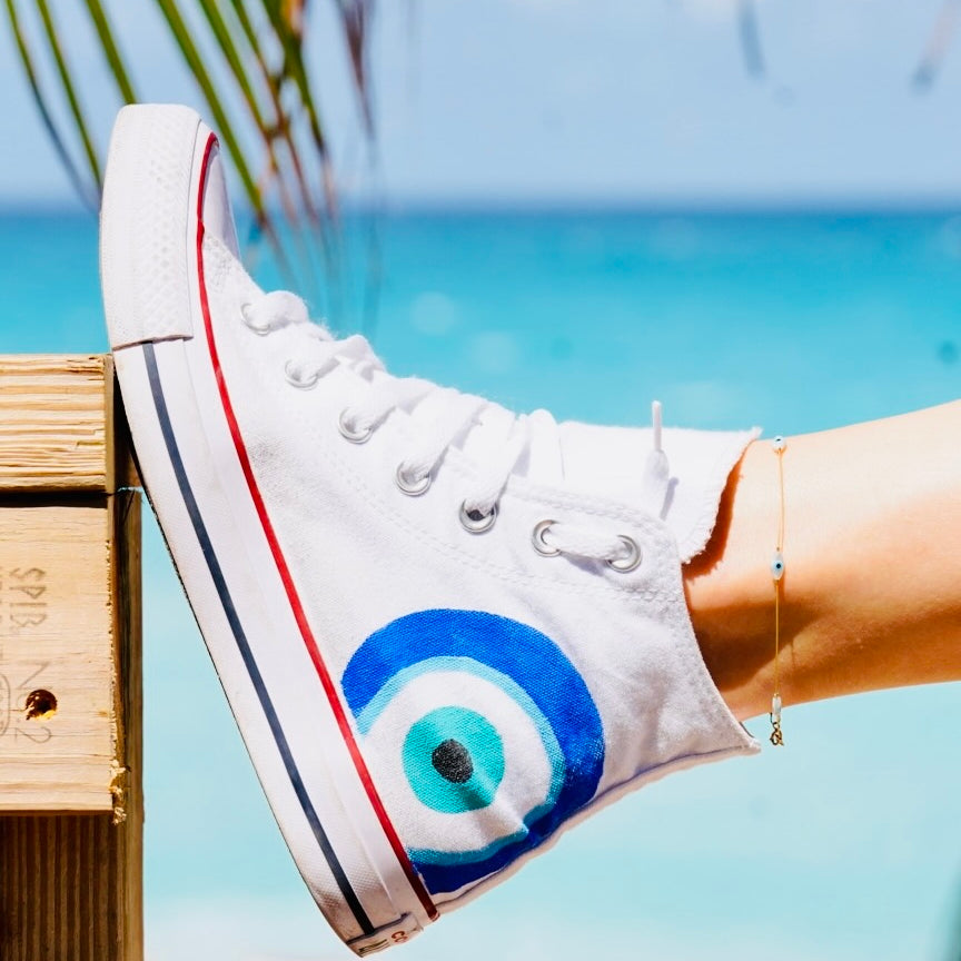 Hand-Painted Evil Eye Converse High-Top – Custom Spiritual Protection Sneakers