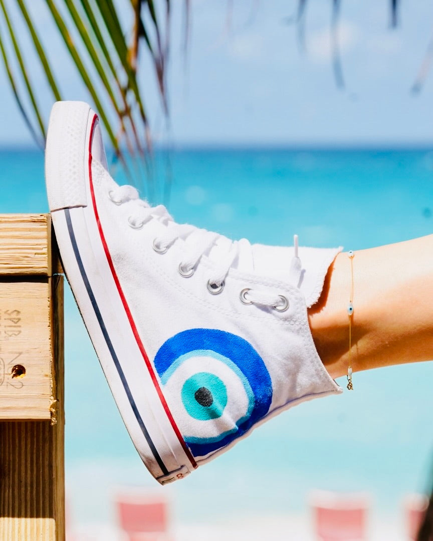 Hand-Painted Evil Eye Converse High-Top – Custom Spiritual Protection Sneakers