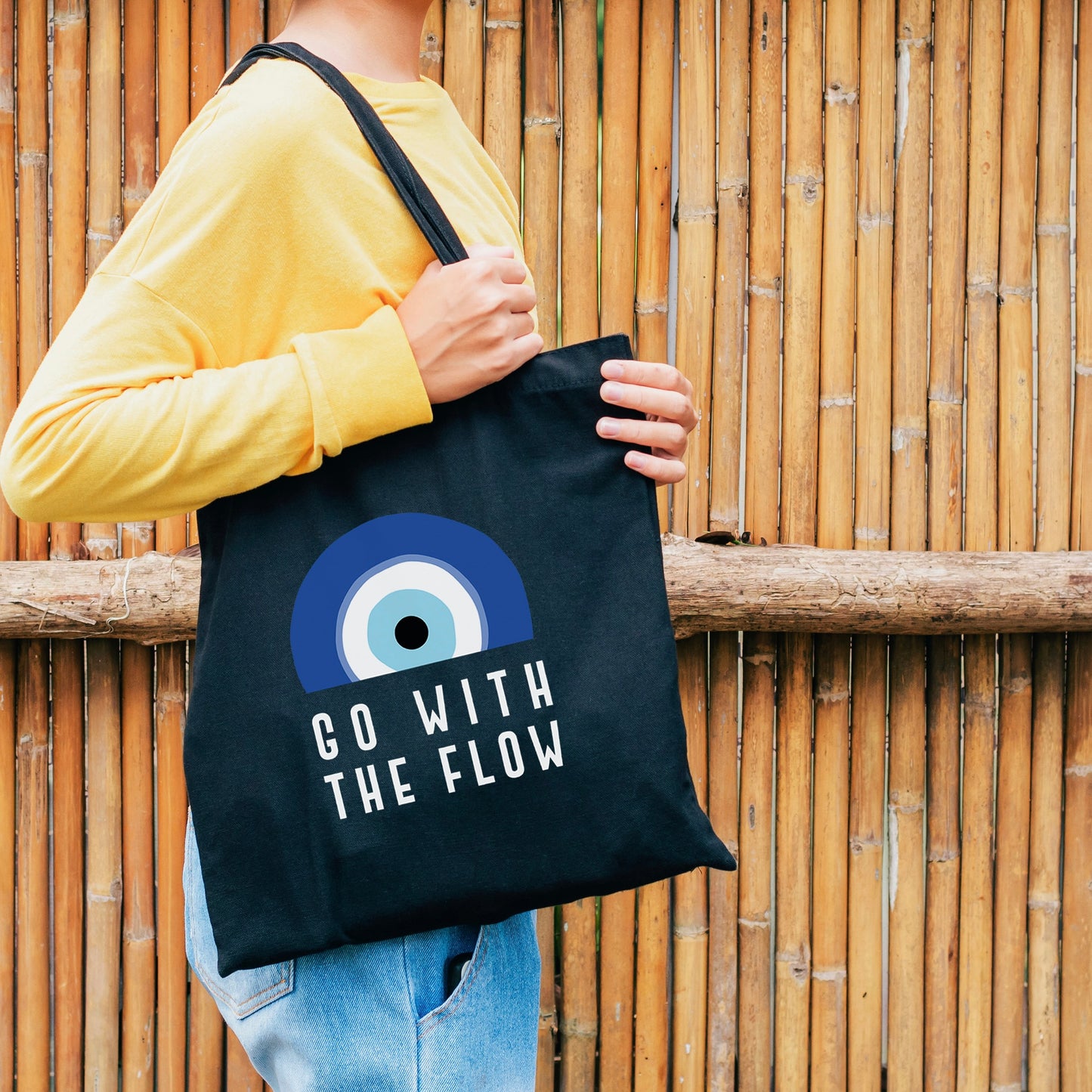 Go With The Flow Black Evil Eye Tote Bag – Reusable Canvas Everyday Tote