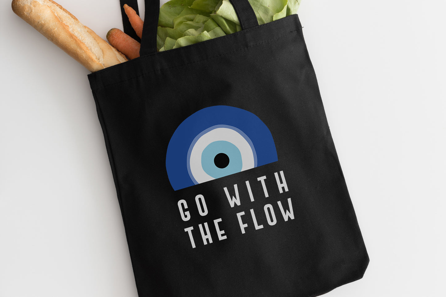 Go With The Flow Black Evil Eye Tote Bag – Reusable Canvas Everyday Tote