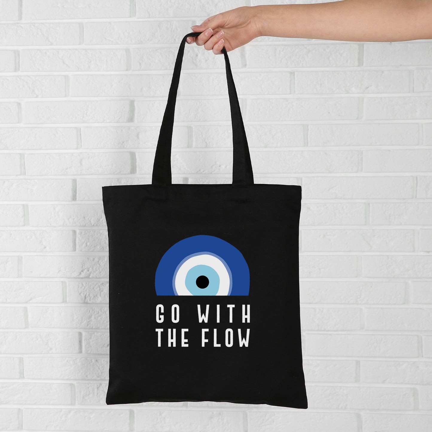 Go With The Flow Black Evil Eye Tote Bag – Reusable Canvas Everyday Tote
