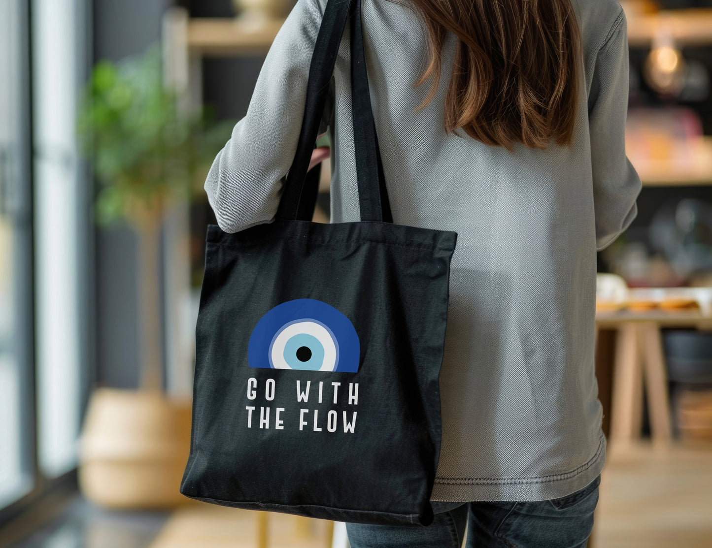 Go With The Flow Black Evil Eye Tote Bag – Reusable Canvas Everyday Tote