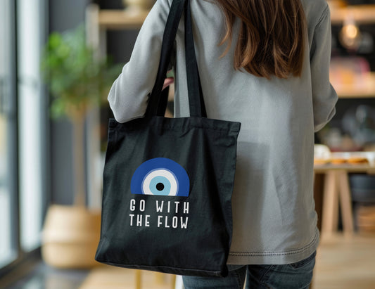 Go With The Flow Black Evil Eye Tote Bag – Reusable Canvas Everyday Tote