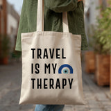 Travel Is My Therapy Tote Bag – Canvas Travel Quote Tote for Wanderlust Lovers