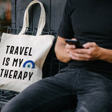 Travel Is My Therapy Tote Bag – Canvas Travel Quote Tote for Wanderlust Lovers