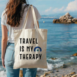 Travel Is My Therapy Tote Bag – Canvas Travel Quote Tote for Wanderlust Lovers