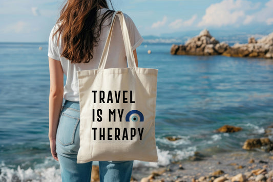 Travel Is My Therapy Tote Bag – Canvas Travel Quote Tote for Wanderlust Lovers